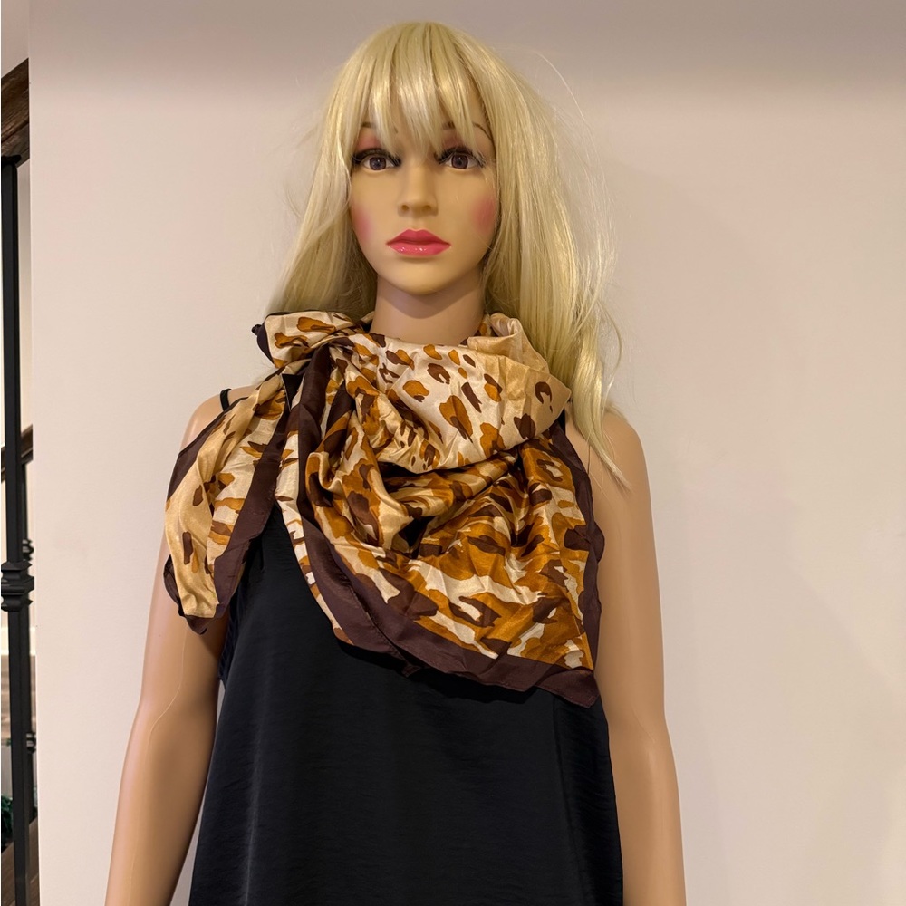 Nicole Miller Studio Brown and Tan Animal Print Silk Scarf - Picture 2 of 6